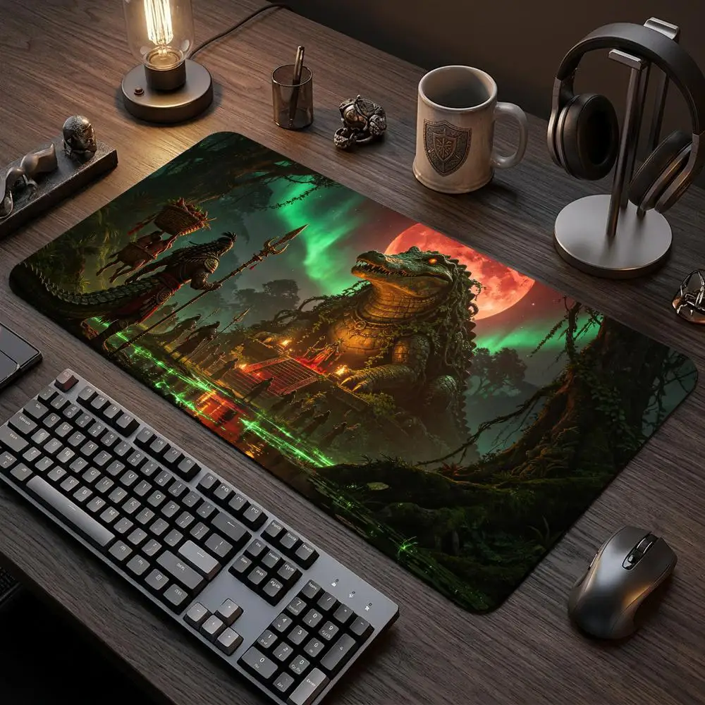 60X35CM Fantasy Giant Crocodile Jungle Ritual Play mat Non-Slip Rubber Base Stitched Edge Large Table Mat for Card Game