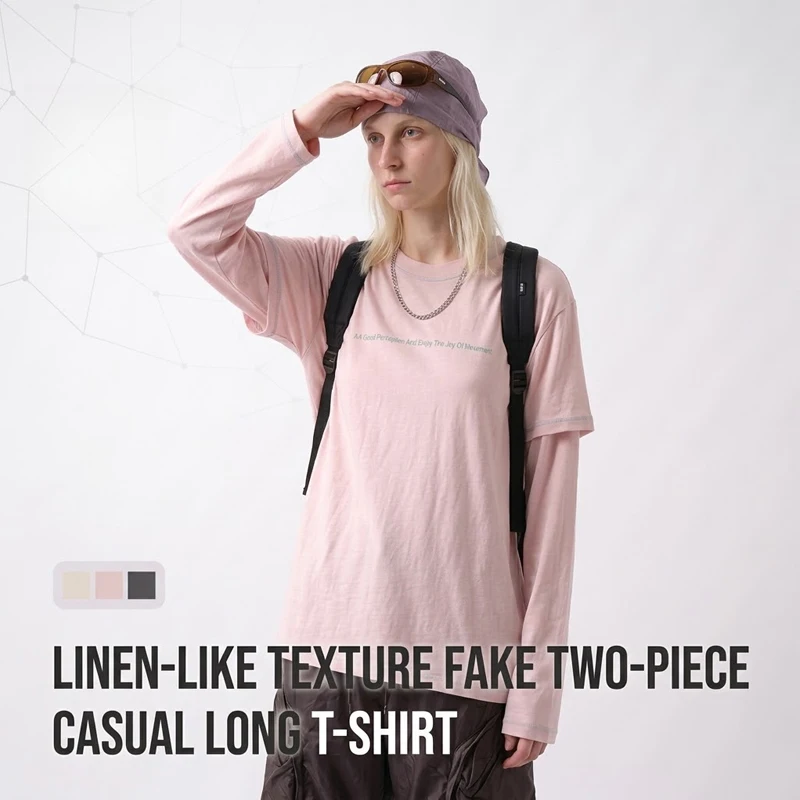 Women's Relaxed Fit Linen-Texture Layered Look Long Sleeve Tee for Outdoor Leisure