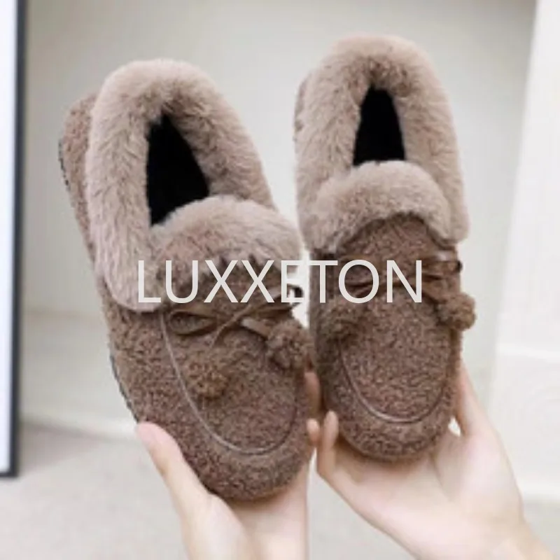 Women Winter Casual Shoes New Moccasins Soft Flat Non-slip Loafers Fashion Comfort Warm Plush Bow Slip on Female Cotton Shoes