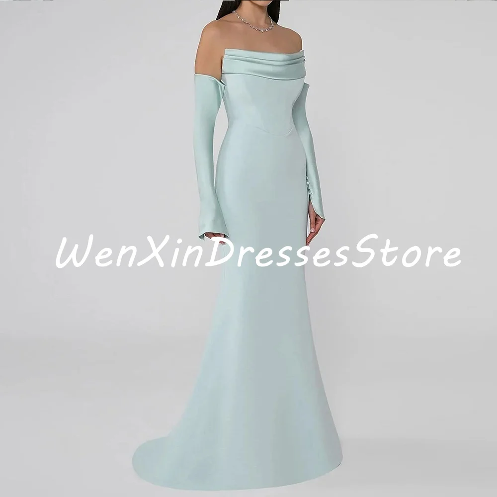 Elegant Blue A-Line Floor Length Boat Neck Detachable Sleeve Jersey 3/4 Sleeves Party Dress Evening Gowns  Pleats Saudi Arabia