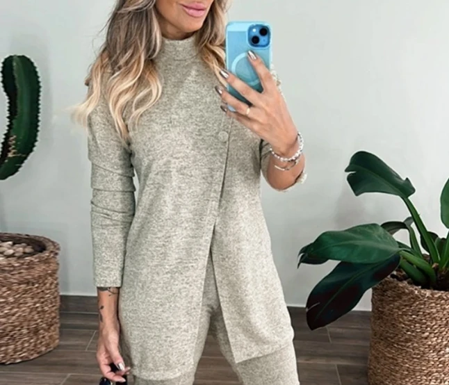 Elegant Women's 2-Piece Set 2024 Autumn/winter Women's Round Neck Split Long Sleeved Top and Pocket Design Long Pants Casual Set