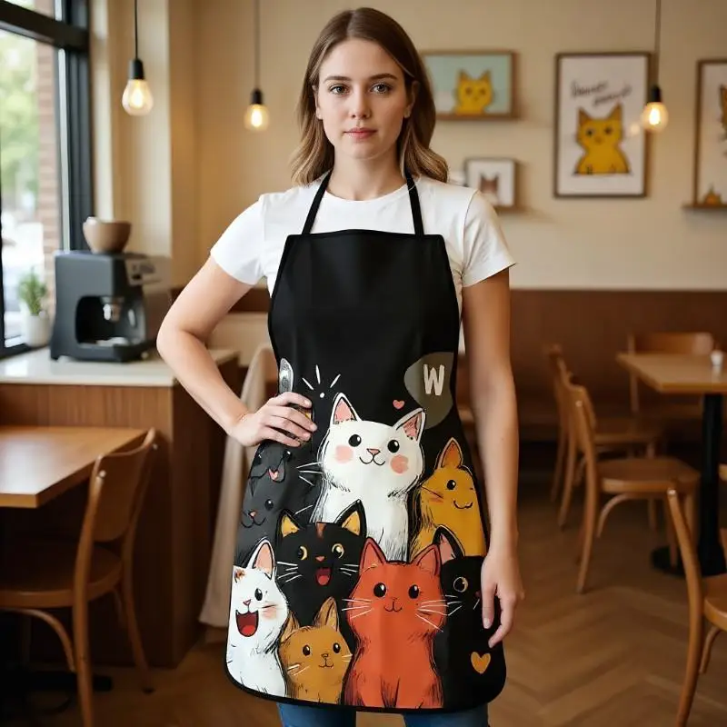 Schürze aus Polyester mit niedlichem Katzenmuster, lebendige Cartoon-Katzen mit Herz- und Sternen-Design, Küchenschürze zum Kochen, Backen, Heimdekoration
