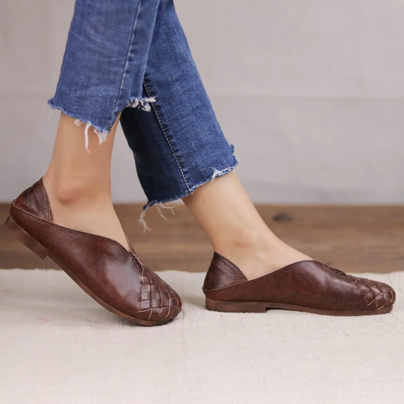 Birkuir weave Flats Shoes Retro Closed Toe Slippers For Women Round Toe Loafers Slip On Low Heels Genuine Leather Soft Soles