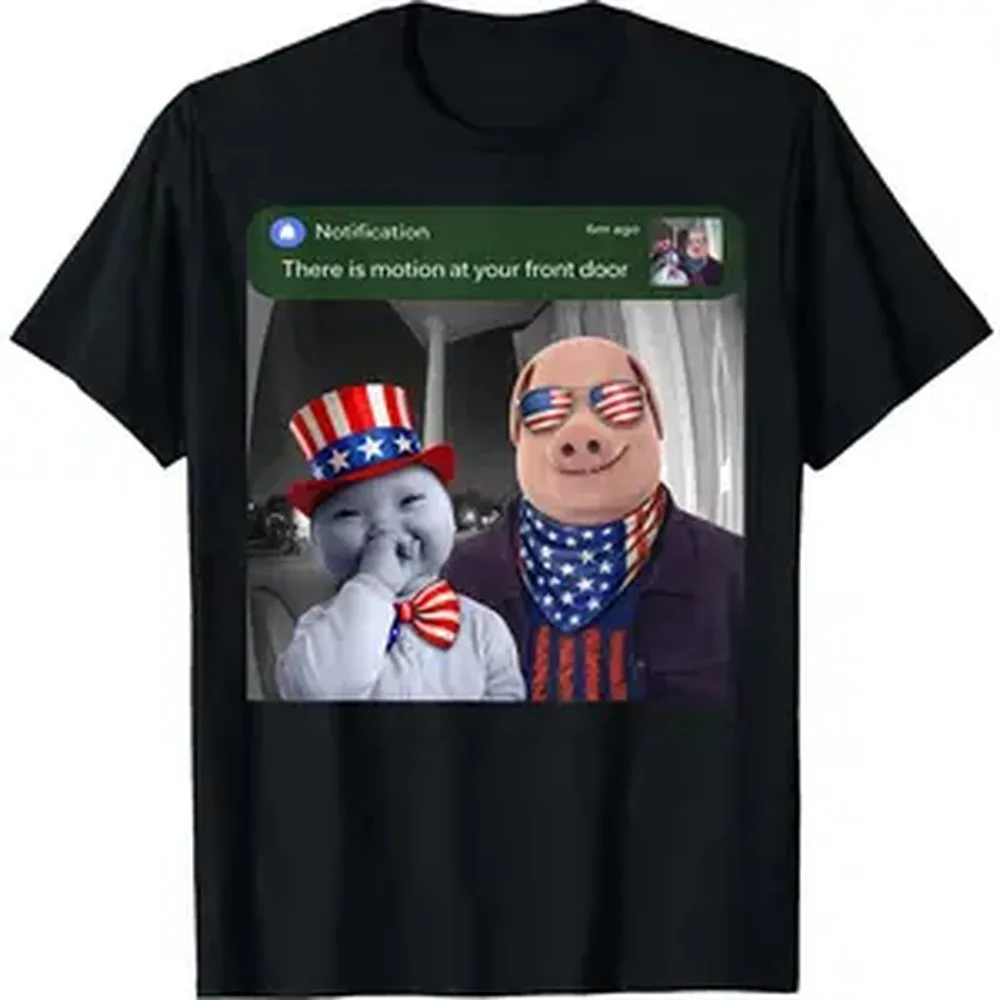 Men's Cotton Round Neck Graphic T-Shirt - 250th Independence Day John Pork & AI Baby Motion Front Door Humor Sports Top, Funny Guy Gifts, 4th of July Fabric Graphic Shirts Casual Menswear