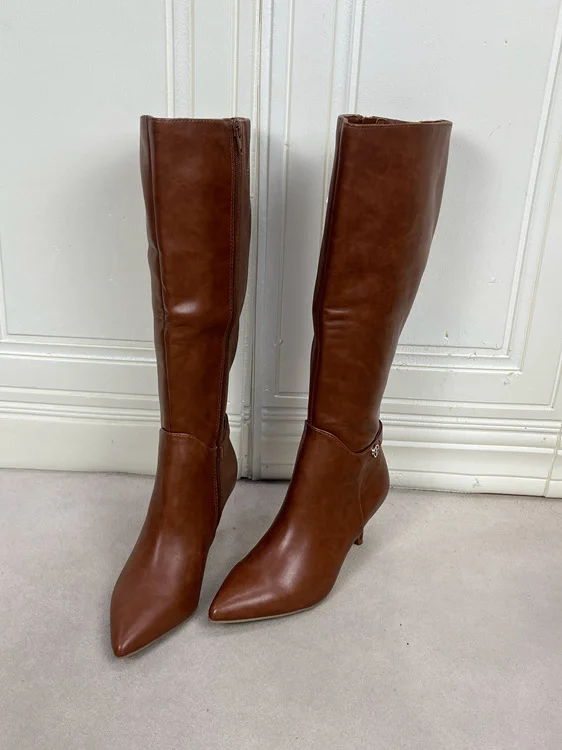 

Faionable Pointed Toe Pure Color High Heel Side Zipper Long Boots Work Boots Slim Fit Boots Women's oes High Tubular Boots