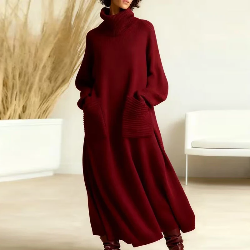 

Casual Loose Long Sleeved Commuting Dress Thickened Warm Hem Women Dress Simple Solid Color Lady Turtleneck Pocket Knitted Dress