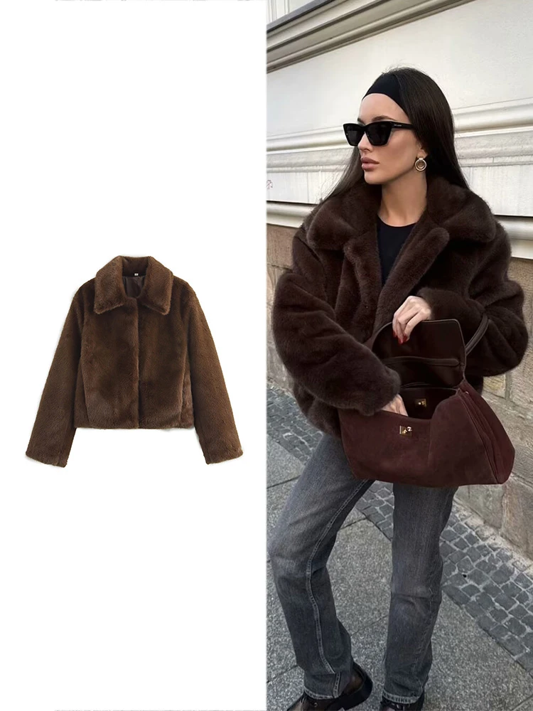 TRAF Women's Fashion Brown Faux Fur Coat Retro Lapel Long Sleeve Soft Fluffy Jacket Coat Temperament High Street Short Fur Top