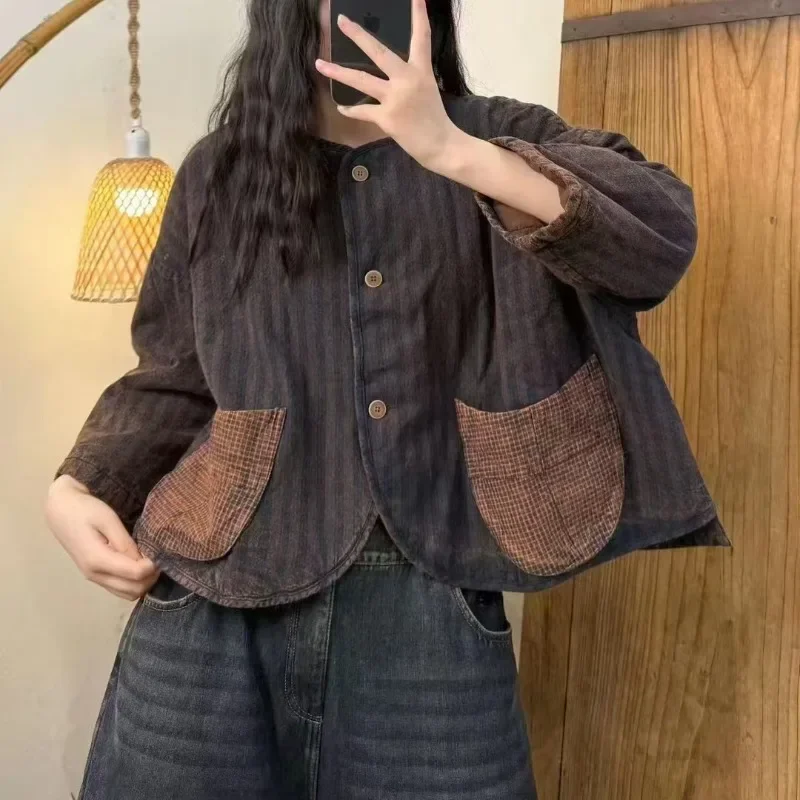 Women Parkas Winter Retro Casual Long Sleeves Big Pockets Coat Fashion Lattice Loose Round Neck Single Breasted Women's Clothing