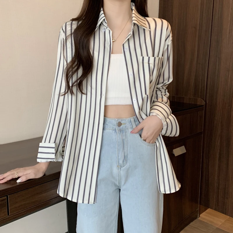 

Женская полосатая рубашка-жакет с длинными рукавами, тонкая, с защитой от солнца, в корейском стиле, с воротником и пуговицами, свободного кроя