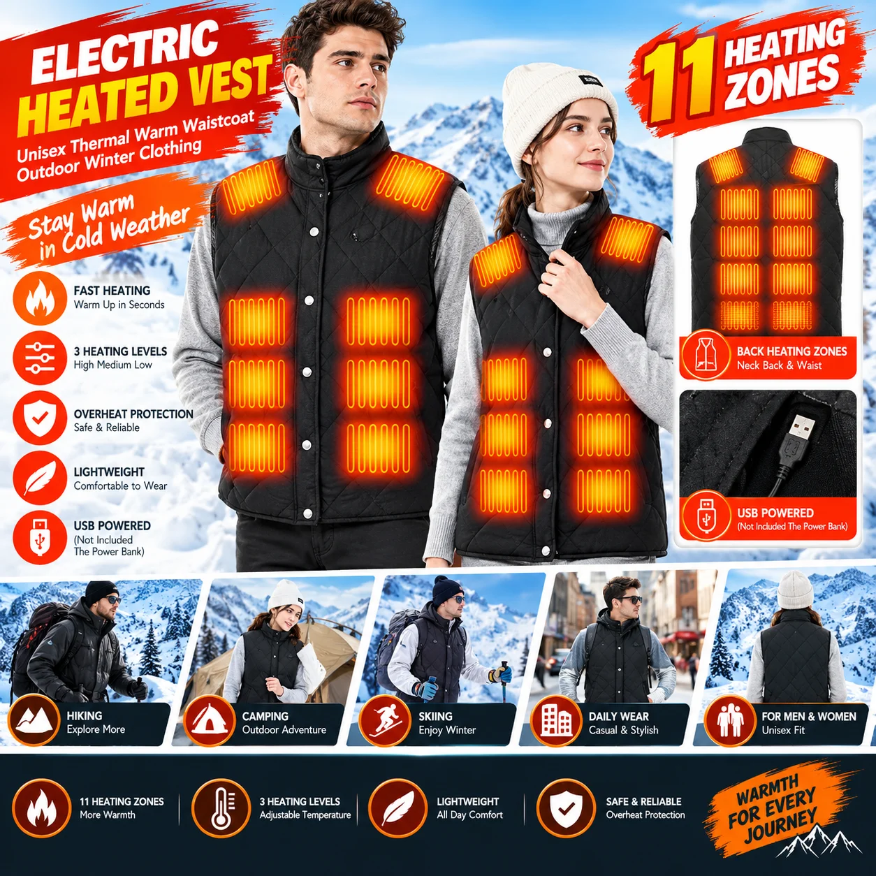 Heated Vest Men Women Electric Heating Thermal Winter Warm Waistcoat USB Outdoor Unisex Clothing (Not Included The Power Bank)