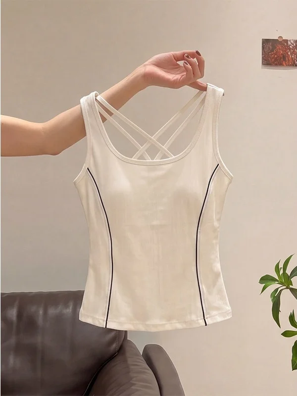 American Style Cross Back Crop Top Women's Design Sensation Hot Girl Vest with Chest Pad Commute Style Breathable Skin-friendly