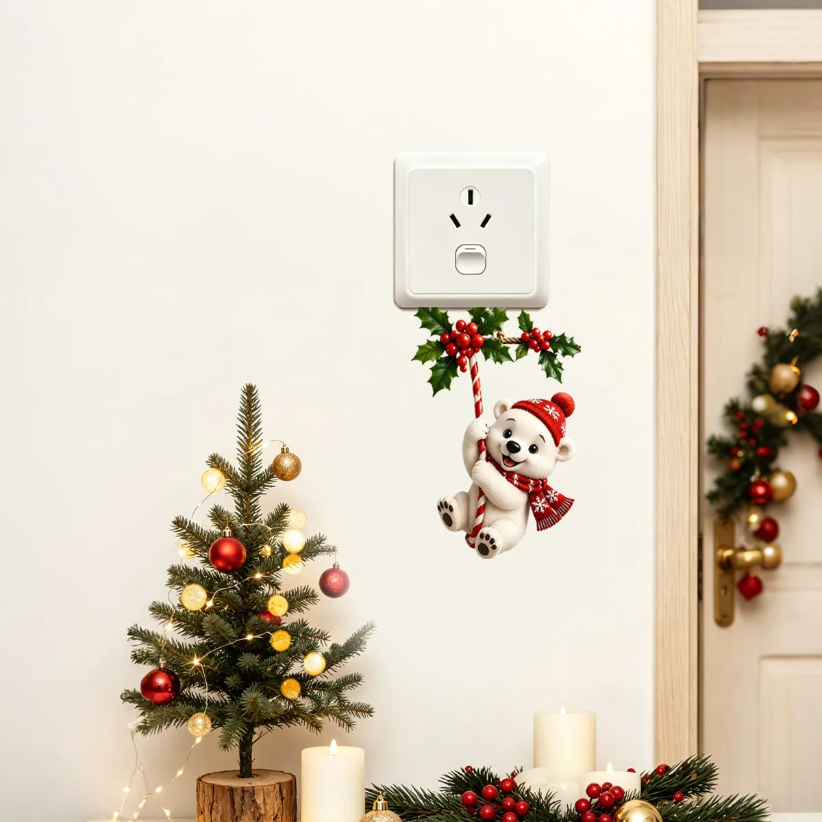 Cartoon Christmas White Bear Switch Wall Sticker Removable PVC Socket Decal Xmas Home Bedroom Outlet Decor