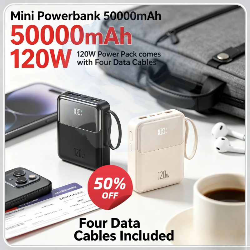 120W Mini Powerbank 50000mAh Power Pack Comes with Four Data Cables for Ultra Fast Charging Suitable for IPhone, Samsung Huawei