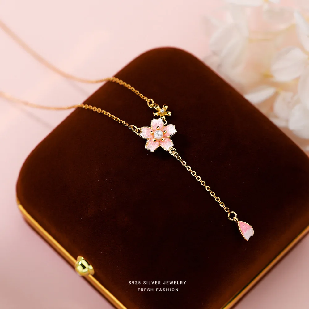 

Ожерелье GL с имитацией жемчуга и подвеской в виде лепестка персикового цветка для женщин, нежный цветок вишни, художественная и милая цепочка на шею