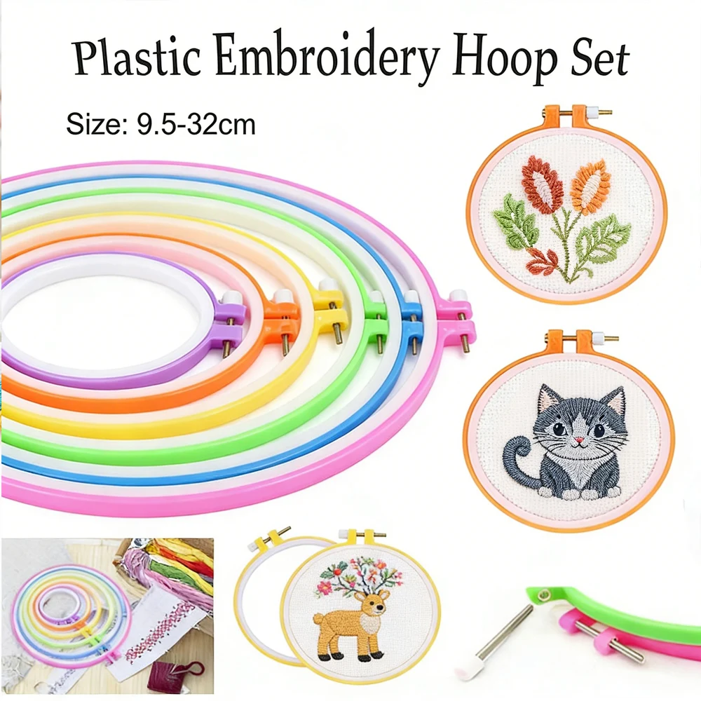 

1pc Multi-Size Plastic Embroidery Hoops, 9.5-32cm Adjustable Cross Stitch Rings for Sewing & Needlework Projects, Easy Use