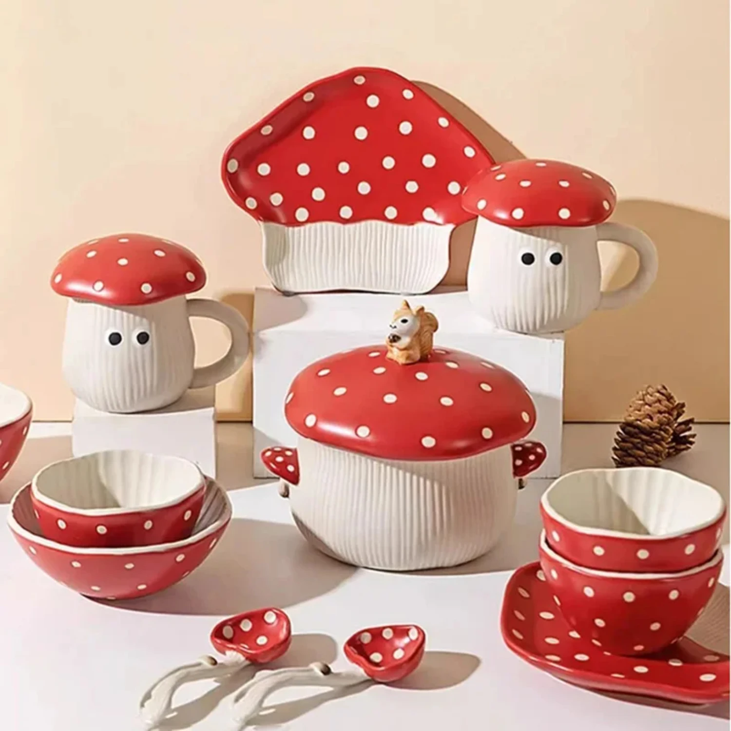 

Cute Red Mushroom Tableware Cartoon Mushroom Ceramic Mugs Coffee Cup Saucers Pot Plate Bowl Kitchen Dinnerware Year Gifts