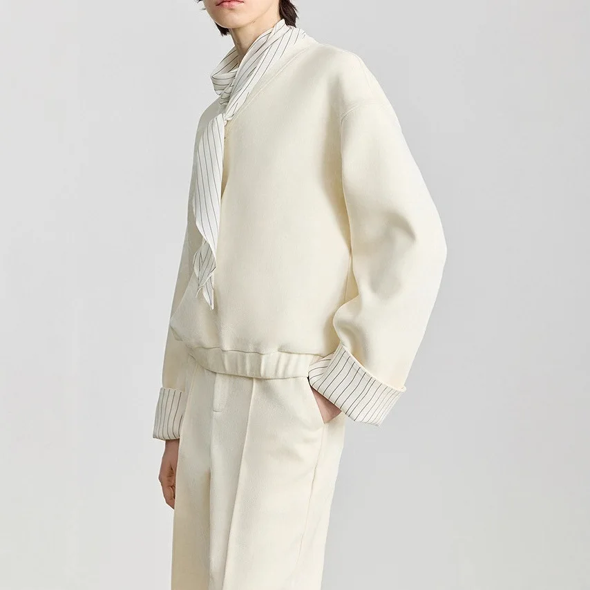 ชุดเซ็ท 2 ชิ้น เสื้อแจ็คเก็ตขนนุ่มพิเศษ แขนยาวทรงบาน ลายทาง สำหรับฤดูหนาว สไตล์ลำลอง พร้อมเสื้อสเวตเชิ้ตแขนยาวทรงหลวม+กางเกงขายาวทรงตรง