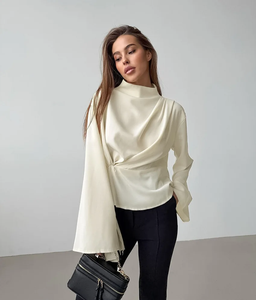 التنقل قميص أنيق الخصر جرس كم تصميم المرأة أعلى بسيط تنوعا أعلى الربيع والخريف الملابس النسائية الجديدة