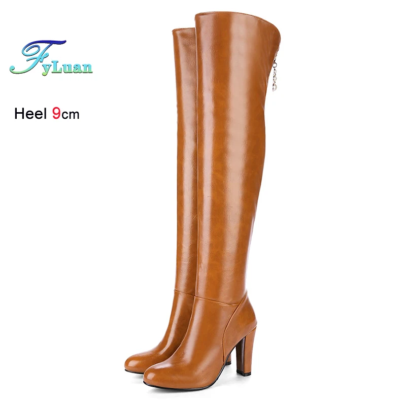 

2025 пикантные тонкие кожаные сапоги выше колена для женщин, зимние длинные сапоги на толстом каблуке 9 см с острым носком на молнии, модная женская обувь