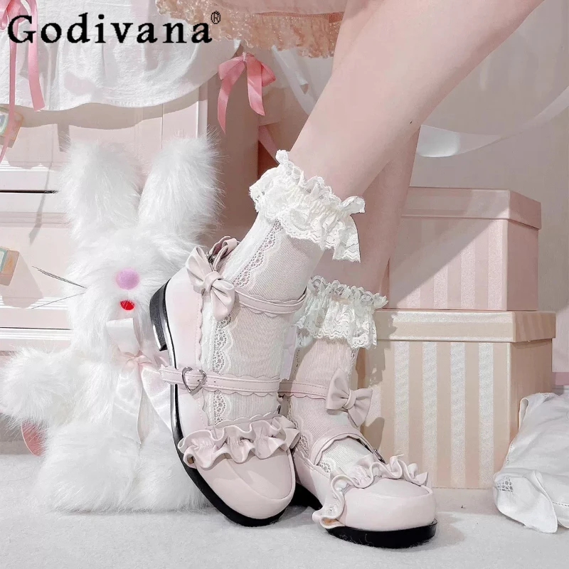 

Original Lolita Doll Princess Mary Jane Shoes Girl's Cute Bow Elegant Sweet Cute Low Heel Pumps Women's Y2K Flat Leather Shoes