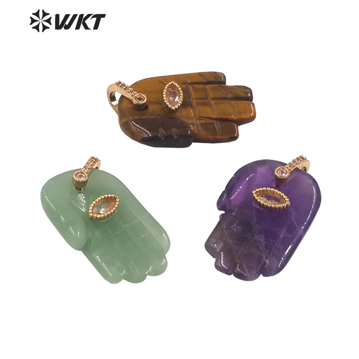 

WT-P2040 New Special Palm Shape Pendant With Zircon Paved Crystal Tiger Eye Gemstone Pendant Smooth DIY Crafts Findings