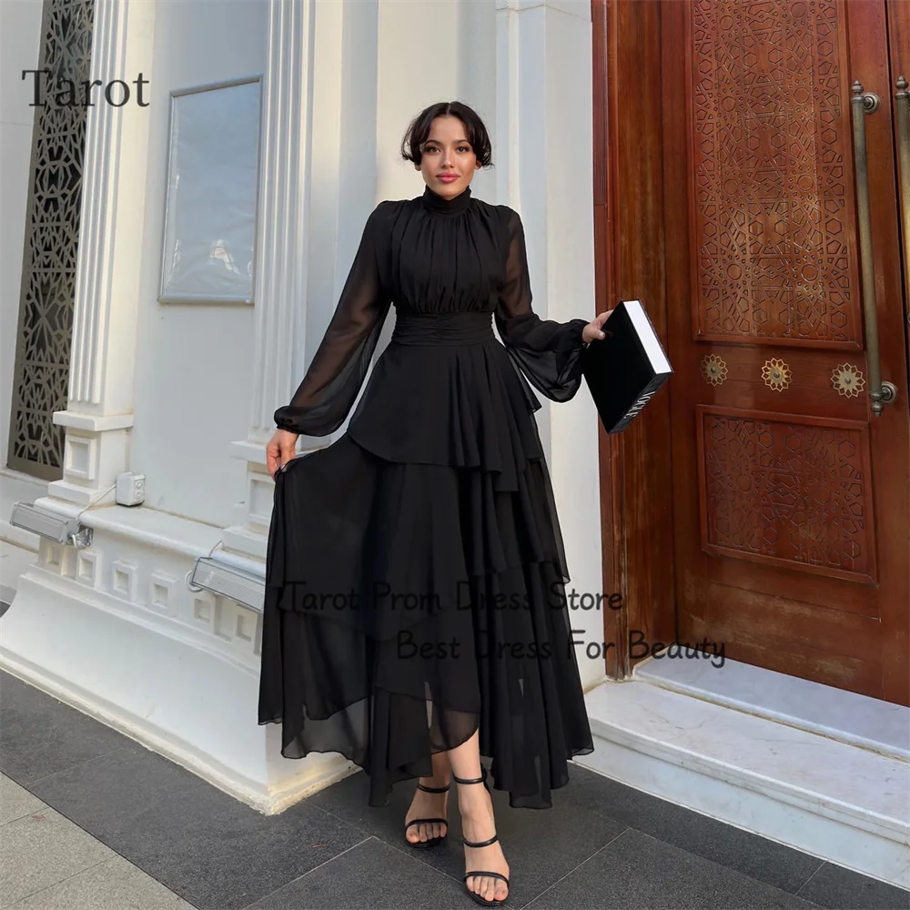 

Tarot A Line Chiffon Ruffles Dubai Evening Dresses High Collar Long Sleeves Elegant Prom Dress Formal Tea Length robes de soirée