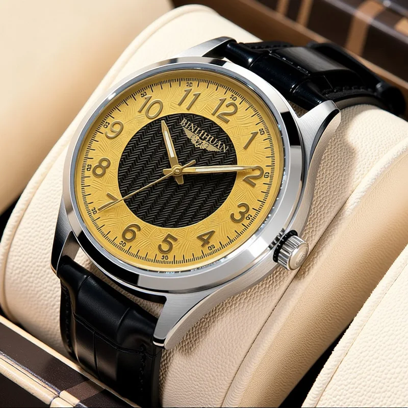 Men Quartz Wrist Watch Vintage Gold Dial Black Leather Strap Waterproof Business Casual Male Wristwatch
