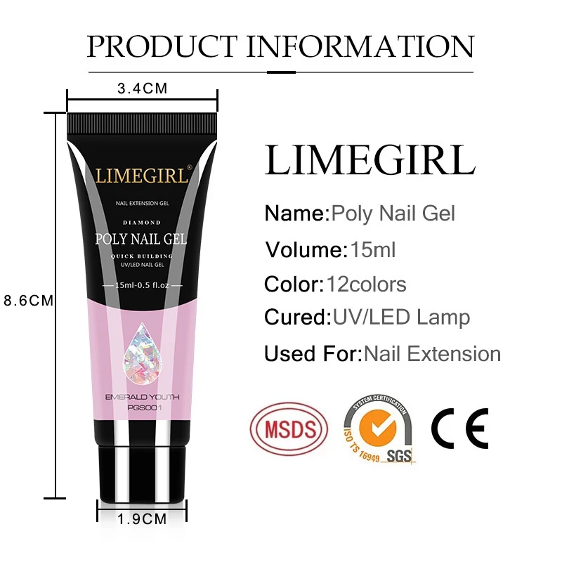 LIMEGIRL-Kit de Gel de uñas de 15ml para expansión rápida, herramienta de Gel de polímero para decoración de uñas, pulidor de Gel acrílico de expansión para dedos, juego de Arte de uñas