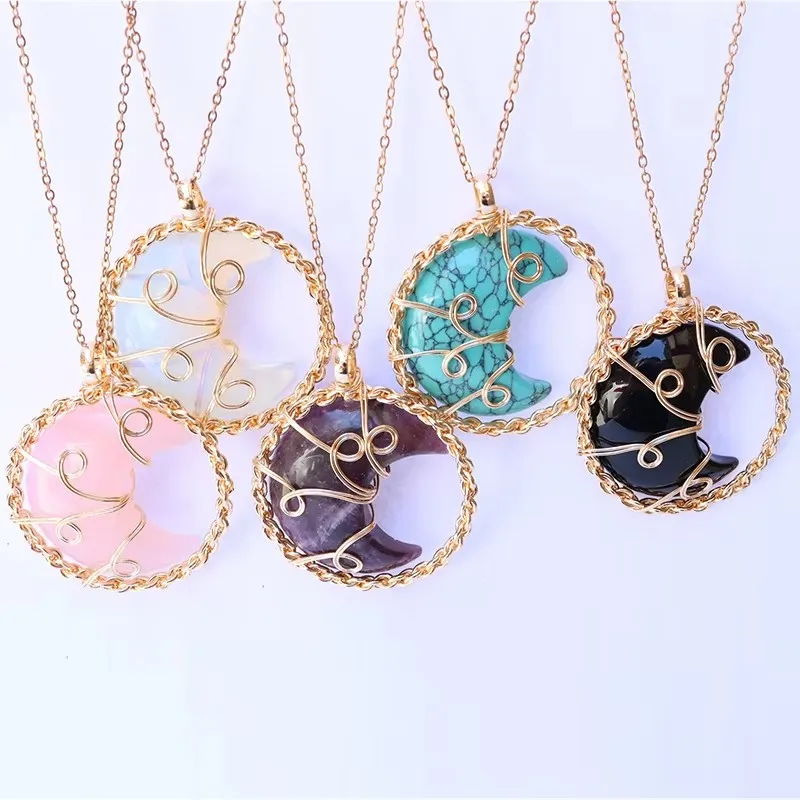 OUENGE Natural Crystal Pendant Necklace Crescent Moon Tree of Life Pink Quartz Natural Stone Chip Bead Pendants Jewelry OG108