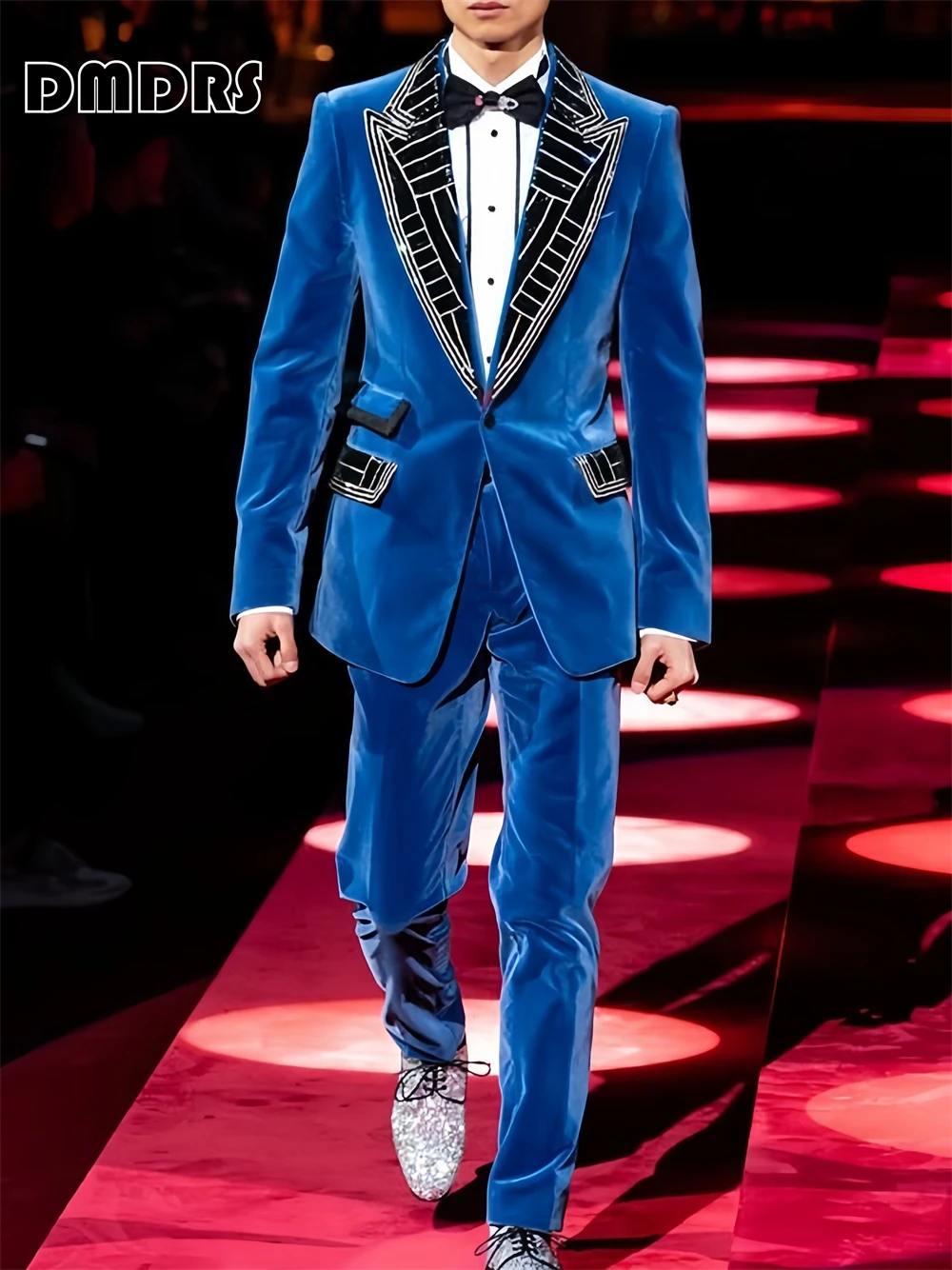 

Premium Crystals Embellished Velvet Suit Set for Men, 2 Pieces Formal Pageant Tuxedo Set for Wedding Party, Dinner Date, Evening