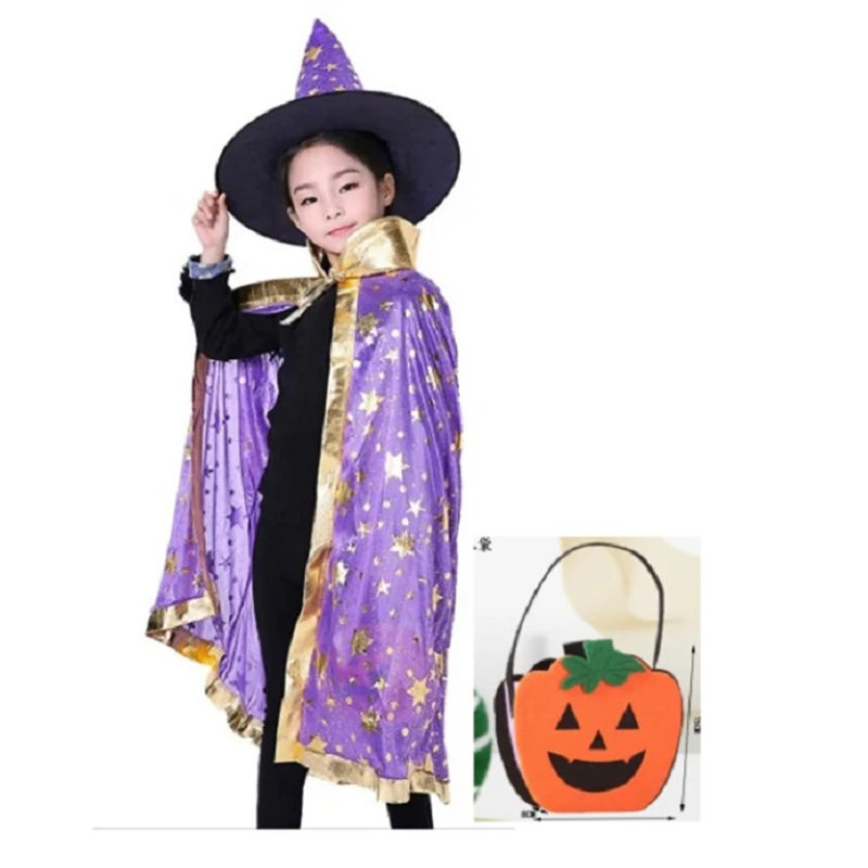 3Pcs Halloween Costume for Kids Girls Cosplay Interesting Gift Cloak Witch Wizard Hat Pumpkin Print Bag Halloween Clothing Set