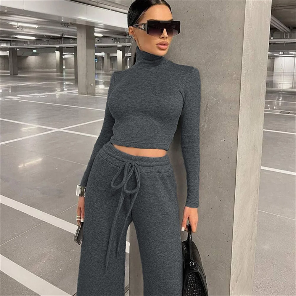 Women Solid Slim Turlneck Crop Tops Long Pants Suit Casual Autumn Elastic Long Sleeve Shirt and Loose Lace up Wide Leg Trousers