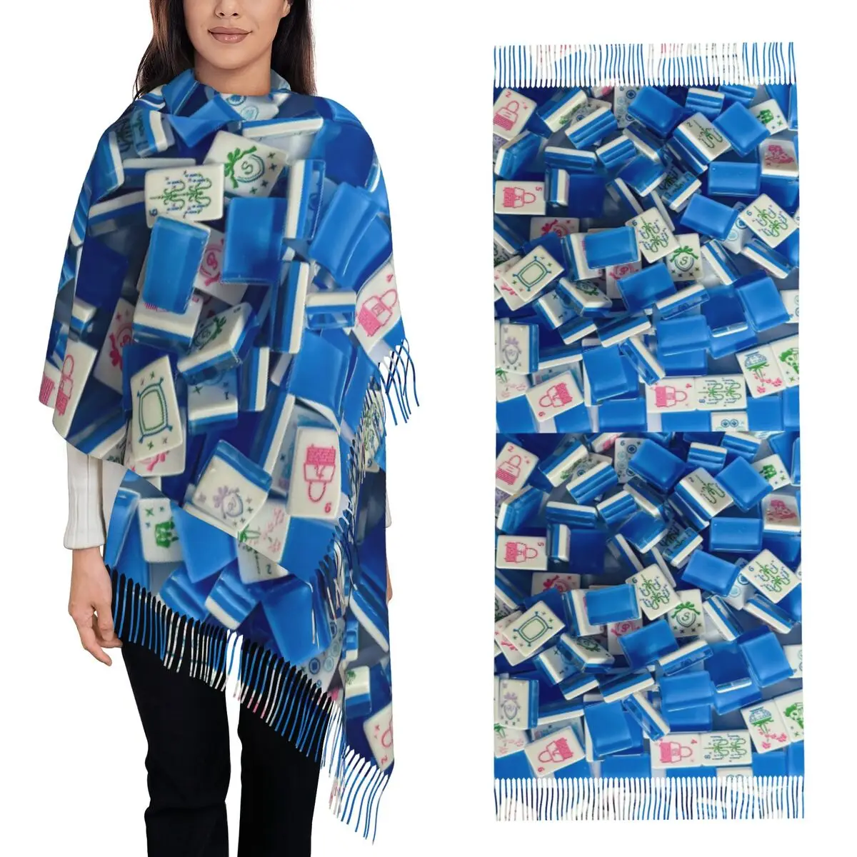 Selendang Motif Mahjong dengan Rumbai untuk Wanita, Selendang Lembut dan Hangat, Selendang Panjang untuk Musim Gugur dan Musim Dingin