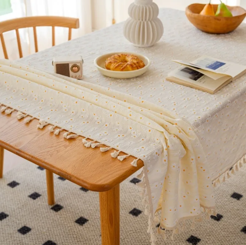 Japanese Style Daisy Tablecloth Ins Cotton Linen Artistic Photo Background Cloth Lilac Tea Coffee Dining Table Decor Cover