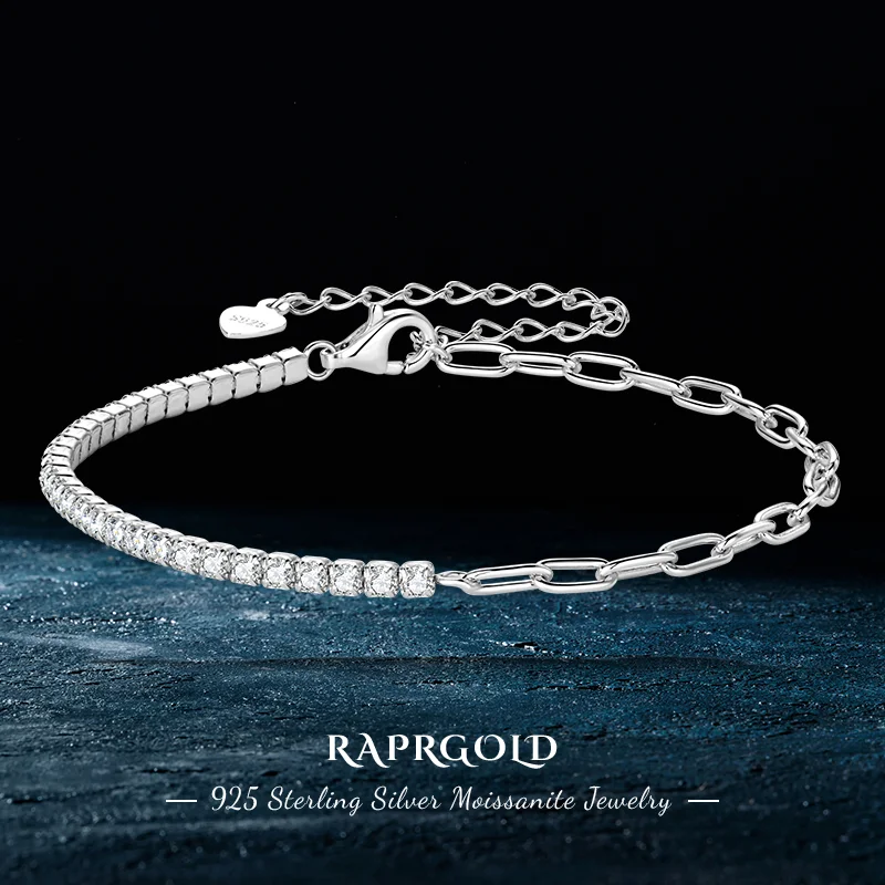 

RAPRGOLD Round Moissanite Tennis Bracelet for Women S925 Sterling Silver Bracelets Chain Wedding Jewelry Gifts with Certificate