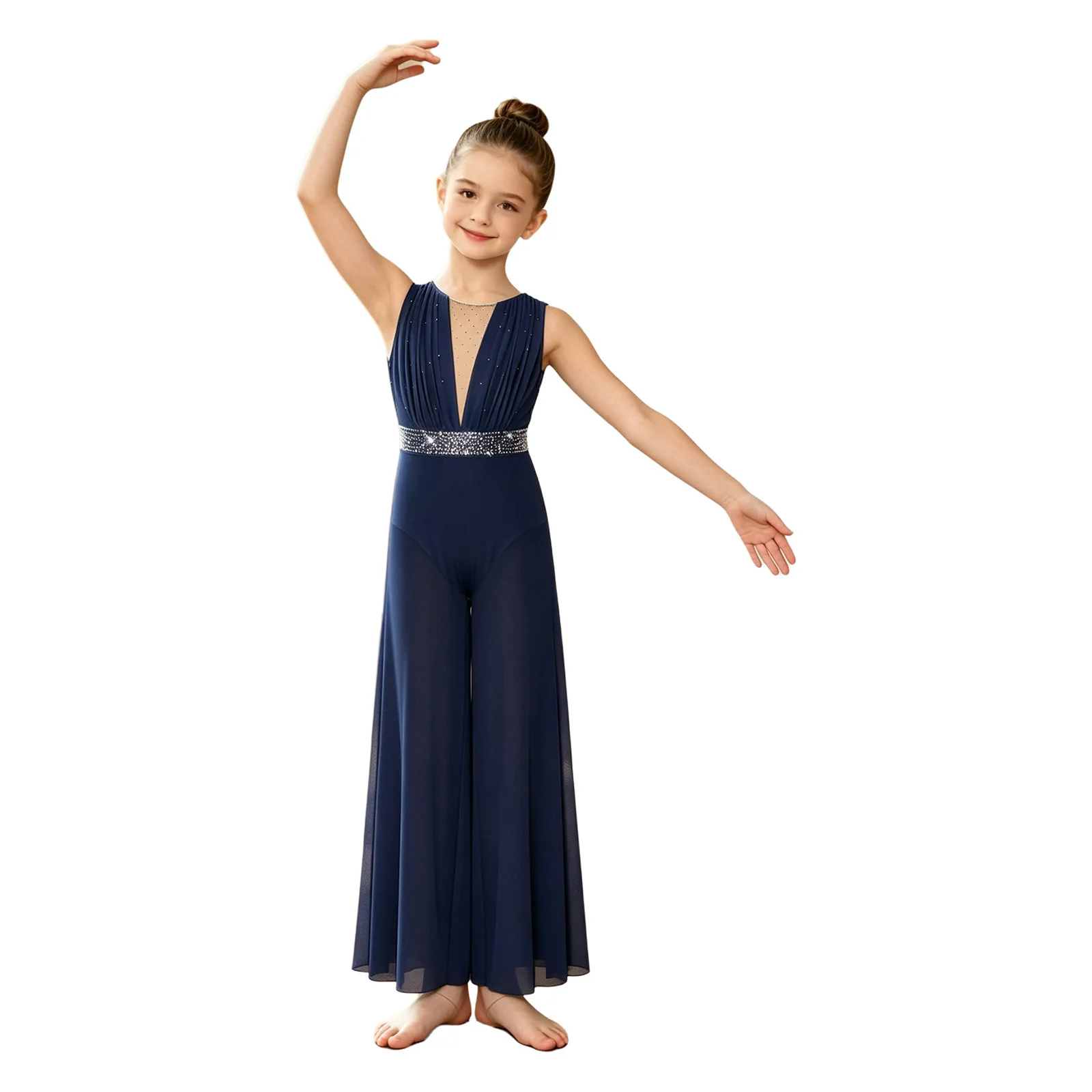 Kinder Mädchen Zeitgenössisches Ballett Lyrisches Tanzkostüm Unitard mit Strassbesetztem Oberteil und Transparenter Weitbeiniger Netzstoffhose – Detail 16