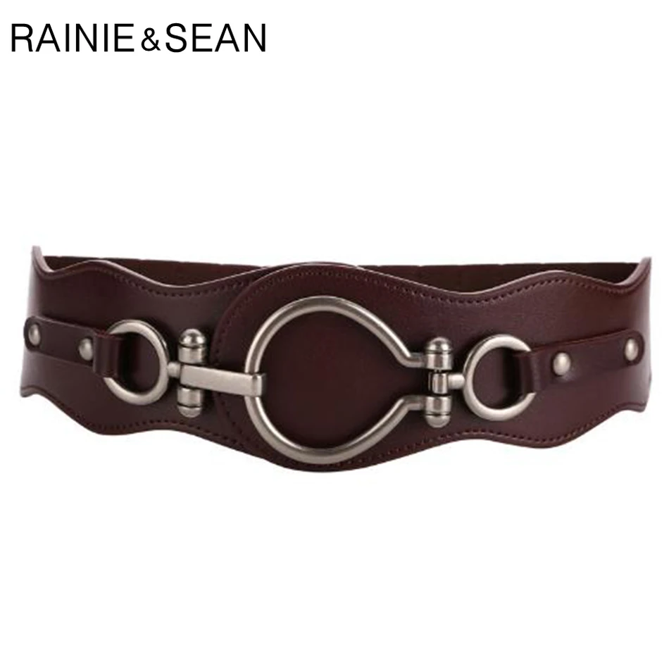 RAINIE SEAN Women Elastic Waist Belt Coffee Cummerbunds Wide Belts Female Genuine Leather Cowhide Brand Designer Belt For Dress