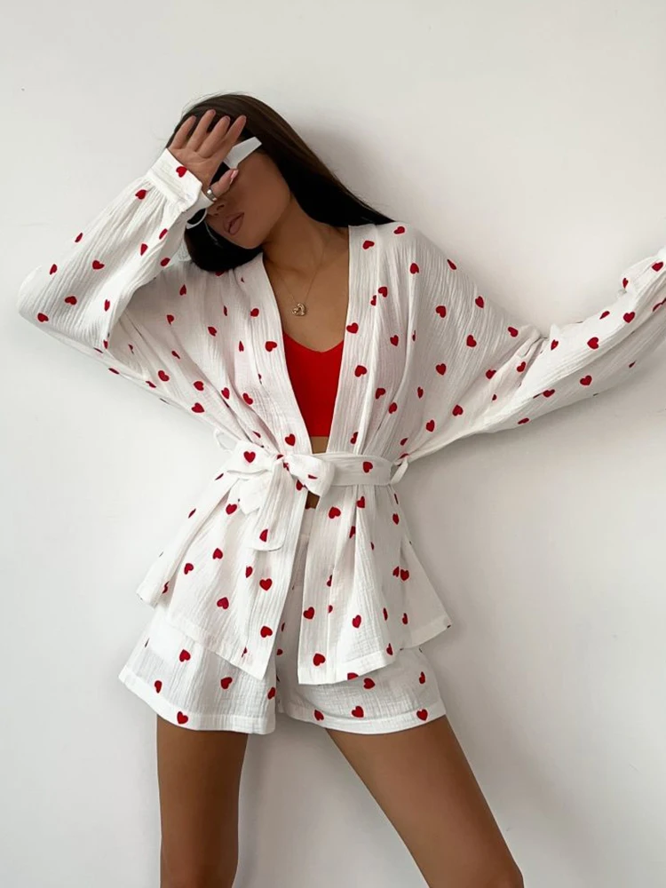 Hiloc Long Sleeve Love Print Sleepwear Cotton Pajamas For Women Sets With Sashes Casual Female Suits With Shorts 2024 Spring