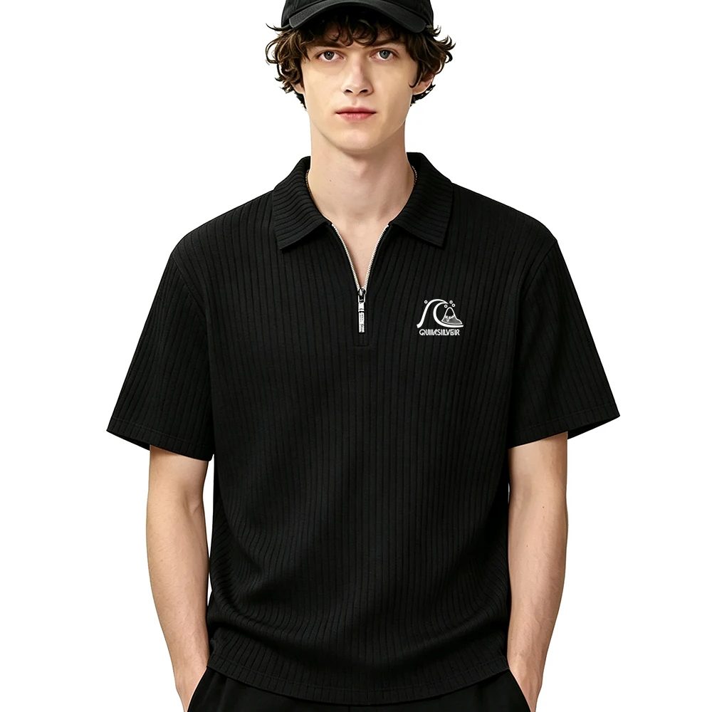 Men Vertical Ribbed Knit Polo Shirt, Half Zip Lapel Short Sleeve T Shirt, Summer Casual Loose Fit Top with Chest Print Logo