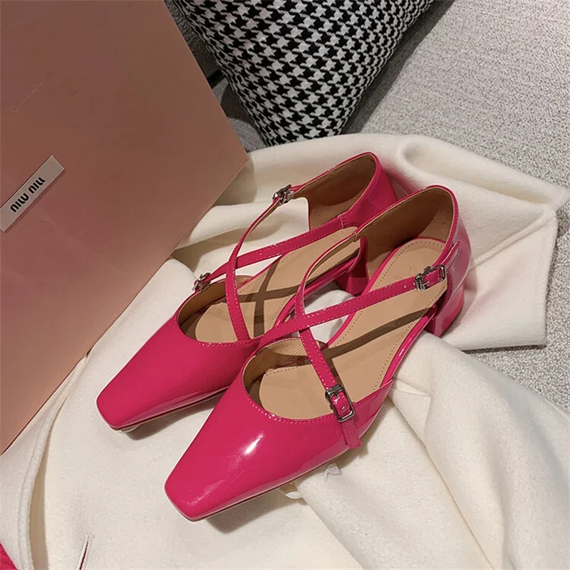 Women Chunky Heels Shoes Fashion Square Toe Pumps Buckle Strap Classics Zapatos Mujer Solid Color Cozy Ladies New Brand Design