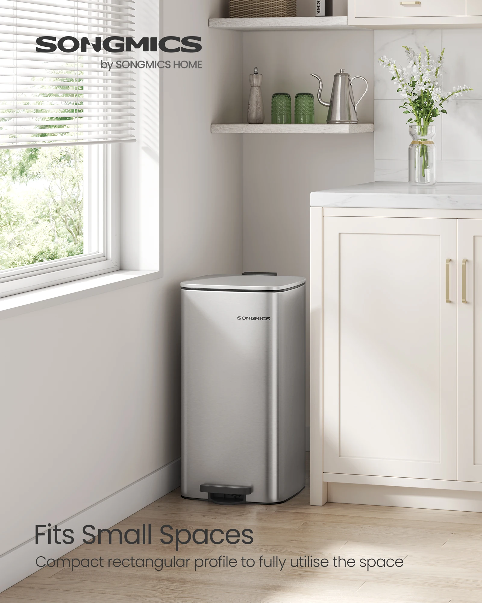 SONGMICS Kitchen Bin, 8-Gallon (30 L) Trash Bin, Steel Pedal Bin, with Inner Bucket, Soft Close and Stays Open, Metallic