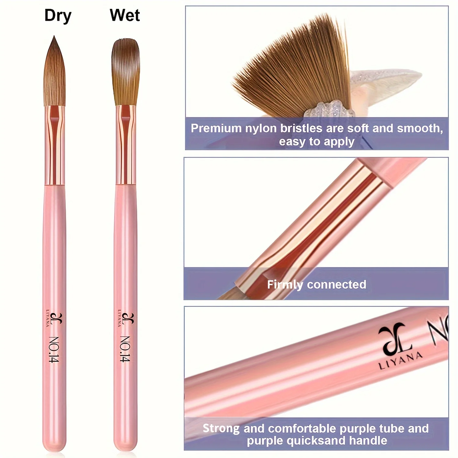 3 szt. Zestaw pędzli do paznokci akrylowych, rozmiar 8/10/14 Profesjonalne pędzle do paznokci do aplikacji akrylowej Proszek akrylowy Przedłużanie paznokci