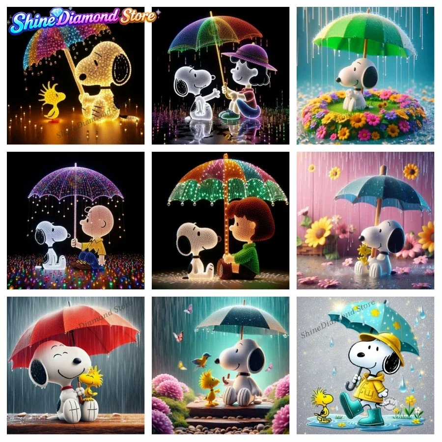 Rainy Day Snoopy Woodstock Cartoon Full Drill Diamond Painting, 5D DIY Mosaic Art for Adults, Cute Dog Room Wall Decor, Gift