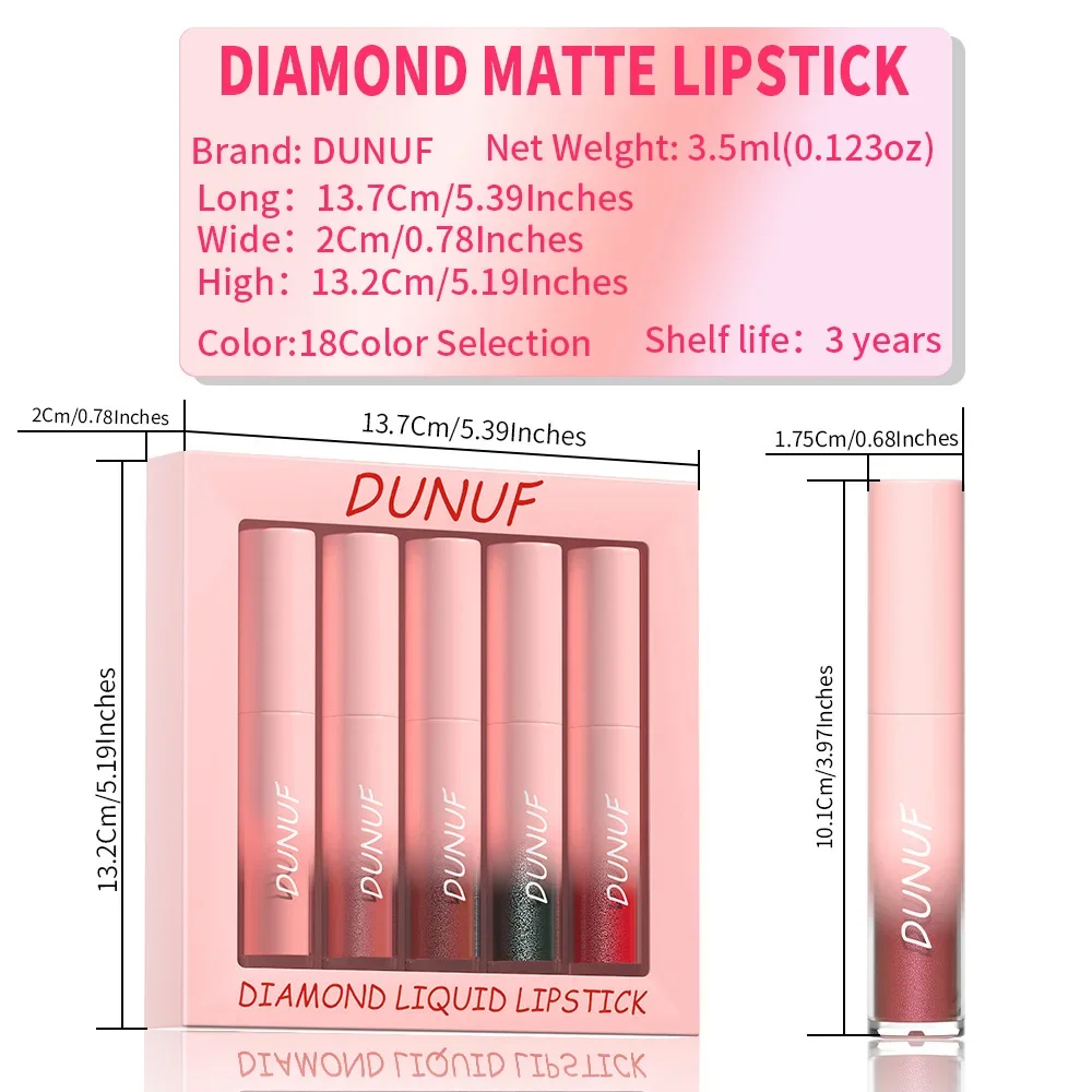 DUNUF nuevo 5 unids/set diamante lápiz labial metálico brillo de labios maquillaje hidratante nutritivo taza antiadherente brillo labial brillo de labios