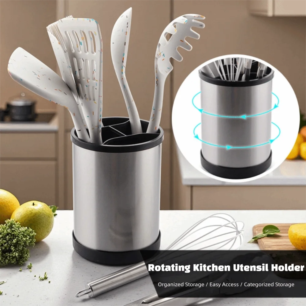 

360° Rotating Utensil Holder Stainless Steel Multi-Function Chopstick Spoon Storage Bucket Fork Tableware Kitchen Organizer Rack