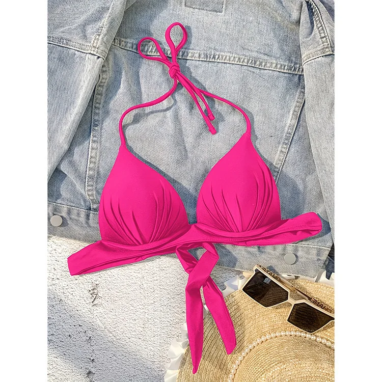 XS - XL ใหม่เซ็กซี่ Push Up Bra ถ้วย Halter บิกินี่ Top ชุดว่ายน้ําหญิงผู้หญิงชุดว่ายน้ํา Bather ชุดว่ายน้ําว่ายน้ํา Solid Beach Top