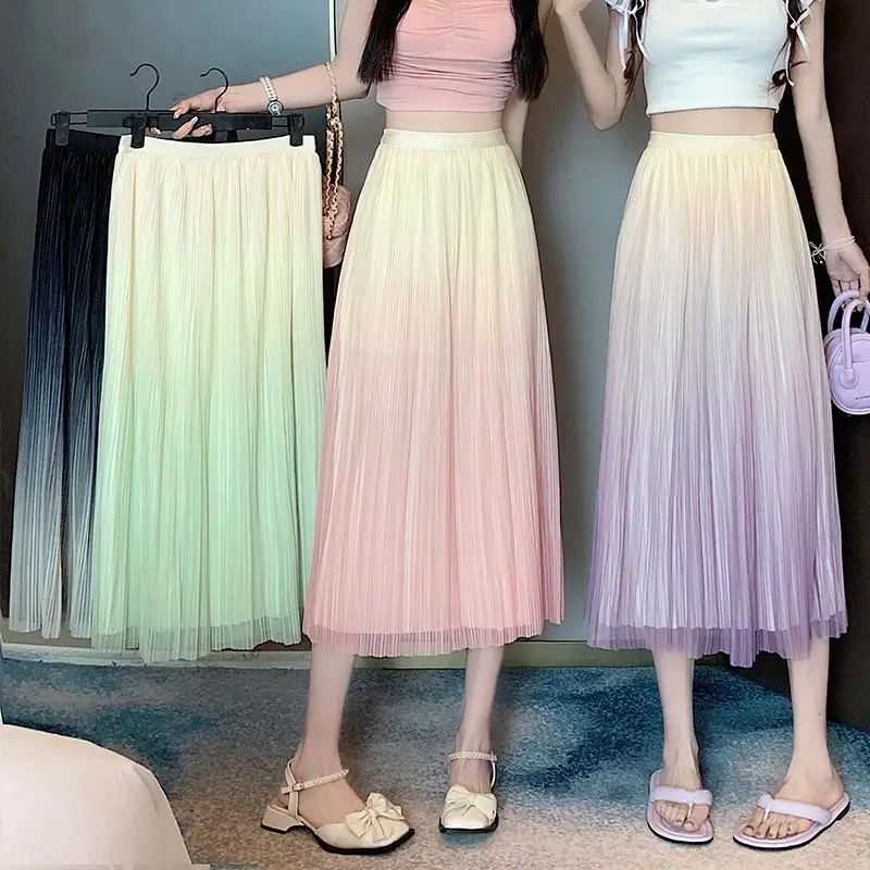 

Pleated Women's Skirt Summer Solid Color Gradient High Waisted Chiffon Long Skirt Fashionable and Elegant Women's Clothing P928