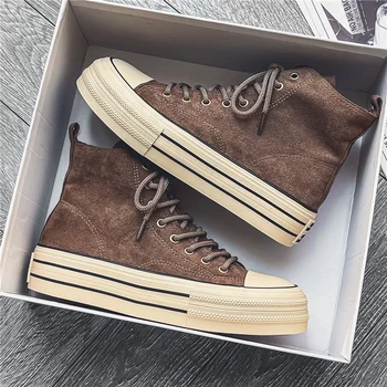 Vintage Bruine Paren Casual Sneakers Comfort Suède Dikke Zool Herenschoenen Trend Veterschoenen Hoge Top Heren Gevulkaniseerde Sneakers