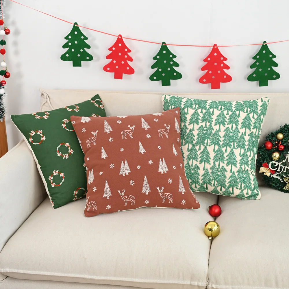 

Modern Christmas Tree Christmas Wreath Embroidered Cushion Cover Light Luxury Cotton and Linen Pillow Cover Festive Home Decor