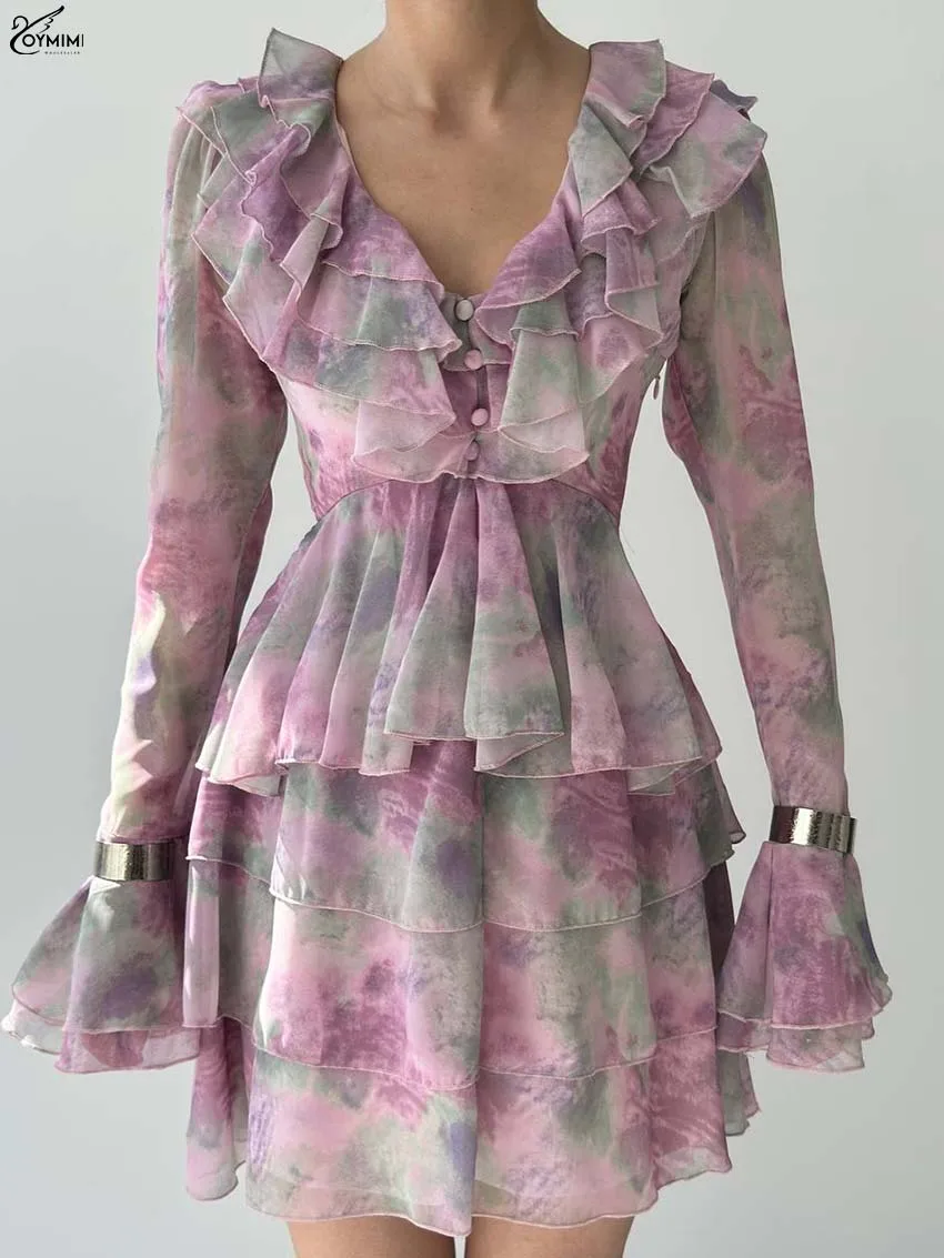

Oymimi Fashion Purple Print Women's Dress Elegant V-Neck Long Sleeve Ruffled Dresses Casual High Waisted Pleated Mini Dresses